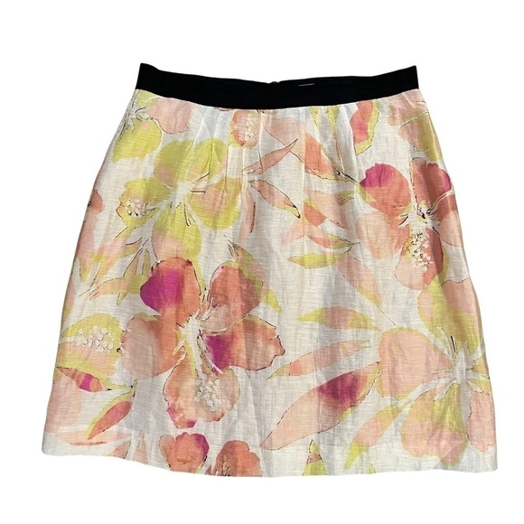 LOFT Ann Taylor Cream Pink Watercolor Floral Tropical Linen Blend Lined Skirt 6 - Picture 5 of 11
